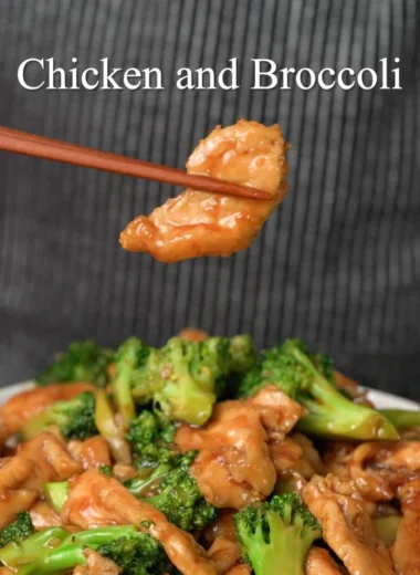 Chinese chicken and broccoli stir fry served in a bowl