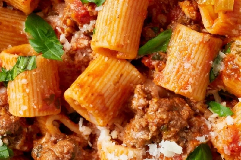 Delicious classic Bolognese sauce simmering in a pot with fresh ingredients.