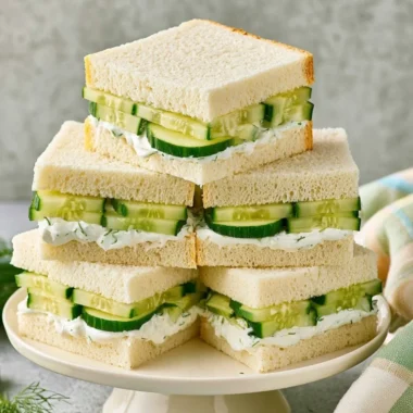 Classic cucumber sandwiches with cream cheese on a plate