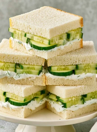 Classic cucumber sandwiches with cream cheese on a plate
