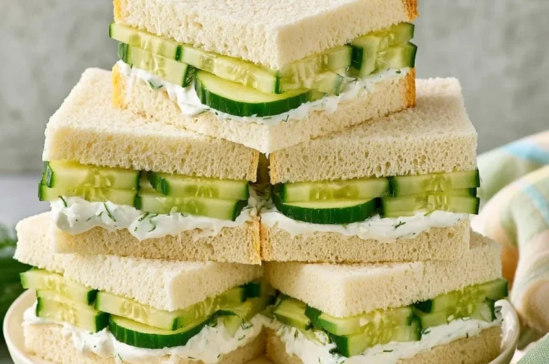 Classic cucumber sandwiches with cream cheese on a plate