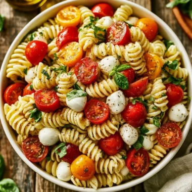 Colorful Caprese Pasta Salad with tomatoes, mozzarella, and basil