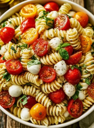 Colorful Caprese Pasta Salad with tomatoes, mozzarella, and basil