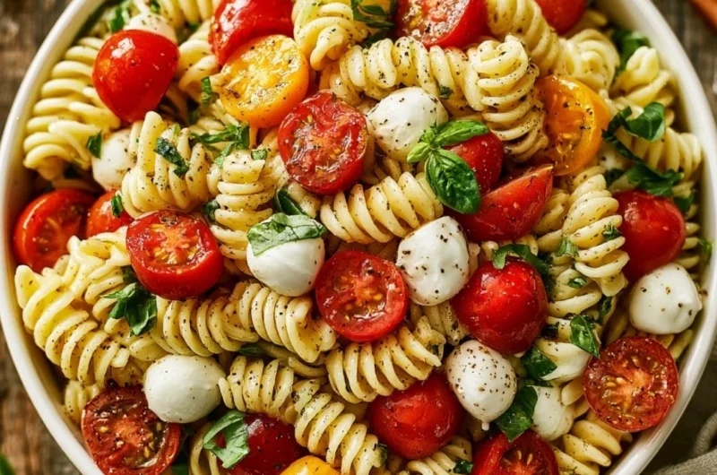 Colorful Caprese Pasta Salad with tomatoes, mozzarella, and basil