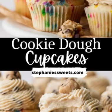Delicious Cookie Dough Cupcakes with cookie dough frosting on a cupcake