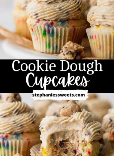 Delicious Cookie Dough Cupcakes with cookie dough frosting on a cupcake