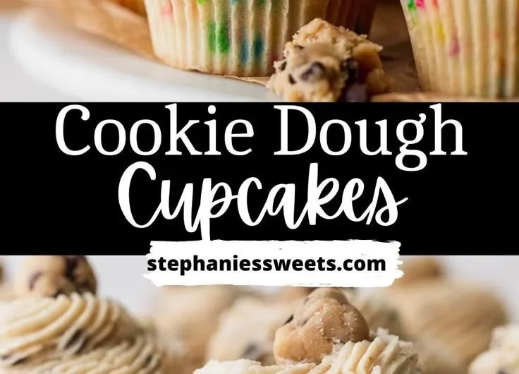 Delicious Cookie Dough Cupcakes with cookie dough frosting on a cupcake