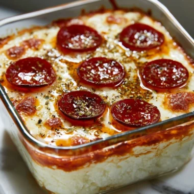 A bowl of Cottage Cheese Pizza topped with fresh vegetables and herbs