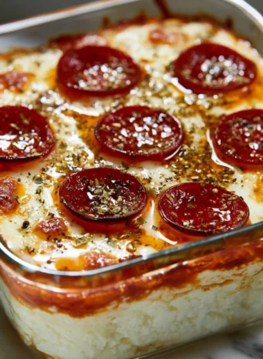 A bowl of Cottage Cheese Pizza topped with fresh vegetables and herbs