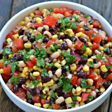 Bowl of colorful Cowboy Caviar made with fresh vegetables and beans