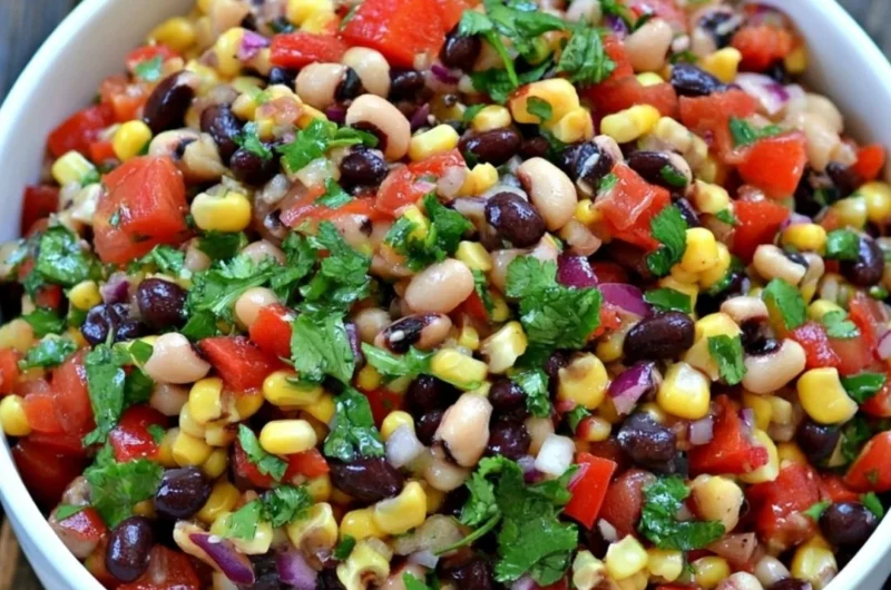 Bowl of colorful Cowboy Caviar made with fresh vegetables and beans
