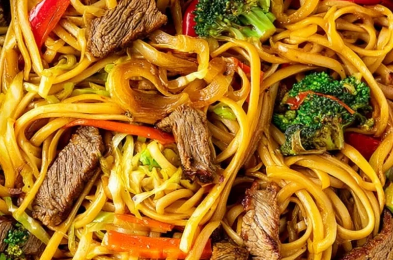 Delicious cozy beef stir fry served with linguini in a bowl