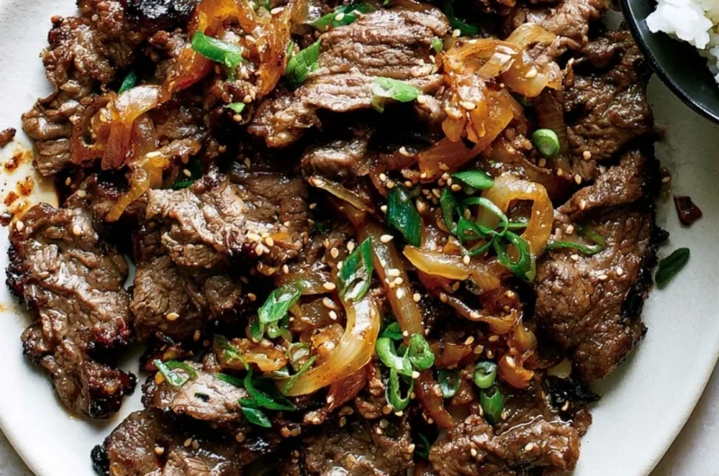 Delicious Korean beef bulgogi served on a plate with vegetables