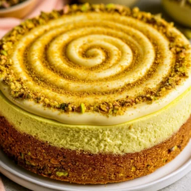 Cozy pistachio cheesecake topped with crushed pistachios on a graham cracker crust.