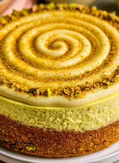 Cozy pistachio cheesecake topped with crushed pistachios on a graham cracker crust.