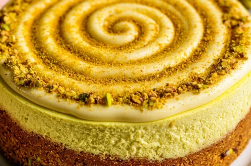 Cozy pistachio cheesecake topped with crushed pistachios on a graham cracker crust.