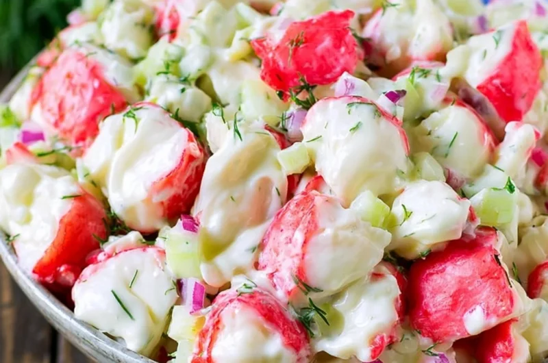 Delicious crab salad with fresh ingredients and dressing served in a bowl