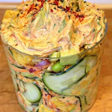 Creamy Asian cucumber salad with colorful vegetables and dressing