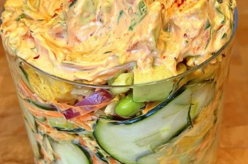 Creamy Asian cucumber salad with colorful vegetables and dressing