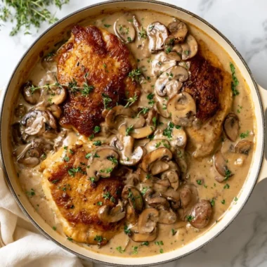 Creamy mushroom chicken served in a bowl, garnished with fresh herbs.