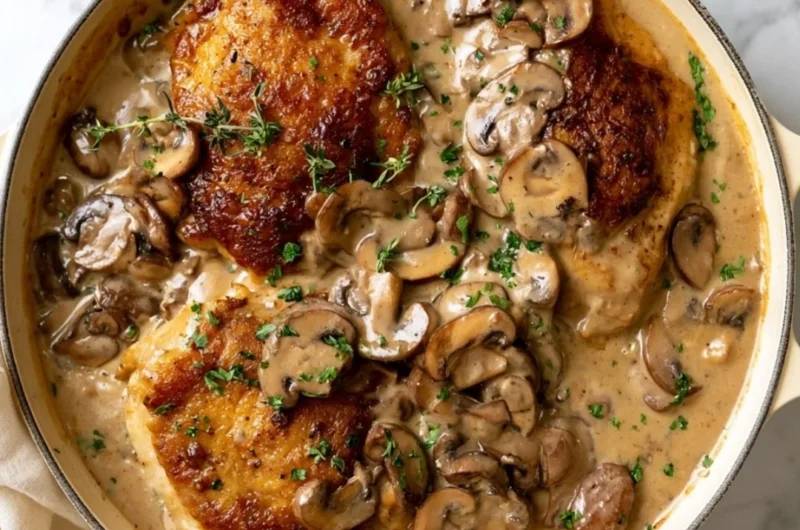 Creamy mushroom chicken served in a bowl, garnished with fresh herbs.