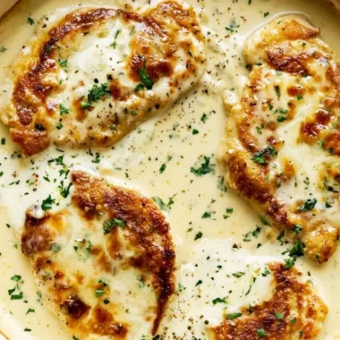 Creamy ranch chicken served on a plate with fresh herbs and vegetables.