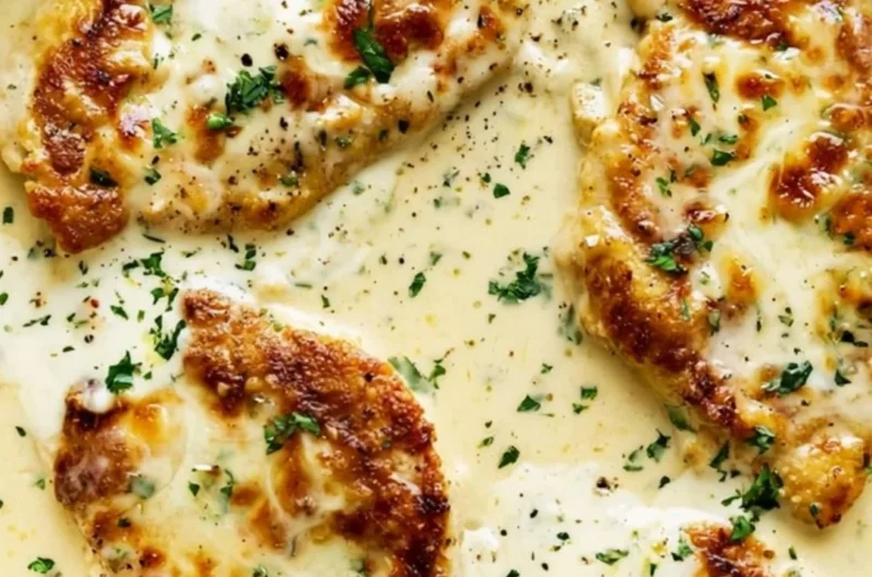 Creamy ranch chicken served on a plate with fresh herbs and vegetables.