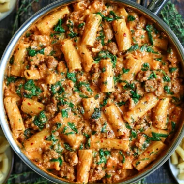 Creamy sausage rigatoni pasta dish with spinach, garnished and ready to serve