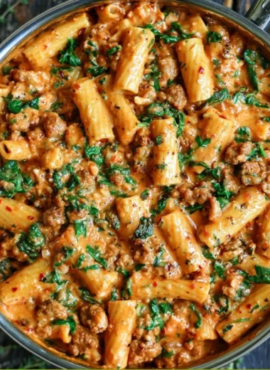 Creamy sausage rigatoni pasta dish with spinach, garnished and ready to serve