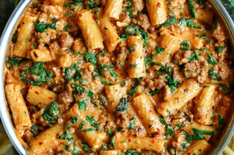 Creamy sausage rigatoni pasta dish with spinach, garnished and ready to serve
