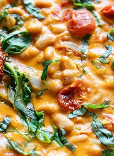 Creamy vegan tomato white bean stew served in a bowl