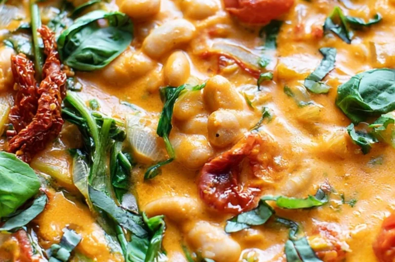 Creamy vegan tomato white bean stew served in a bowl