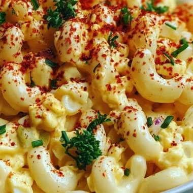 Delicious deviled egg macaroni salad served in a bowl