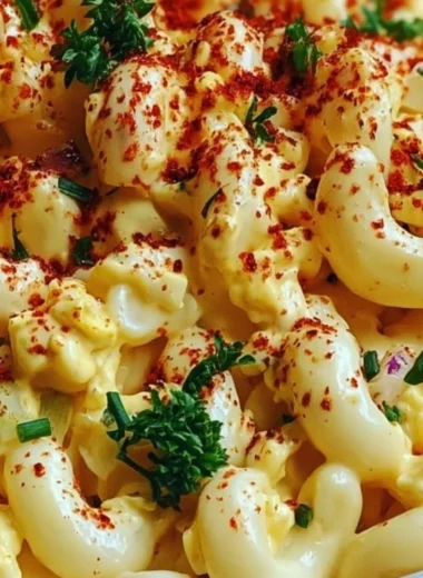 Delicious deviled egg macaroni salad served in a bowl