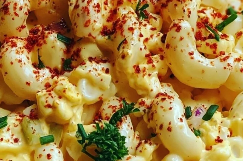 Delicious deviled egg macaroni salad served in a bowl