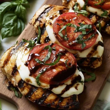Easy grilled chicken caprese with fresh basil, mozzarella, and tomatoes on a plate.
