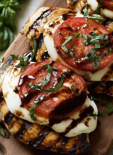 Easy grilled chicken caprese with fresh basil, mozzarella, and tomatoes on a plate.