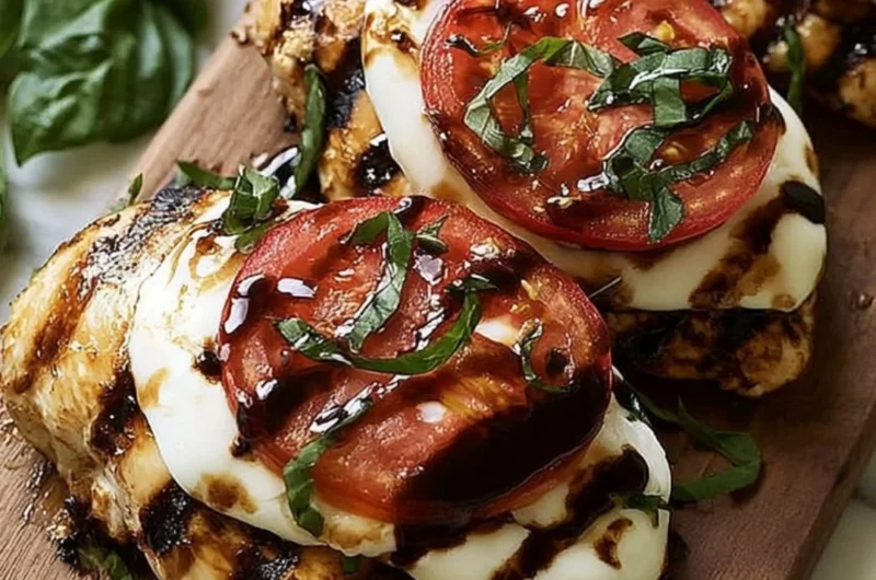 Easy grilled chicken caprese with fresh basil, mozzarella, and tomatoes on a plate.