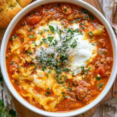 A bowl of Easy Lasagna Soup topped with cheese and fresh herbs