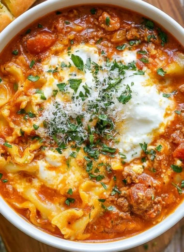 A bowl of Easy Lasagna Soup topped with cheese and fresh herbs