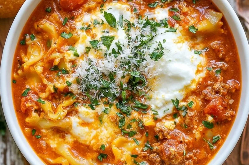 A bowl of Easy Lasagna Soup topped with cheese and fresh herbs