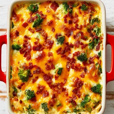Easy low carb chicken casserole topped with cheese and herbs