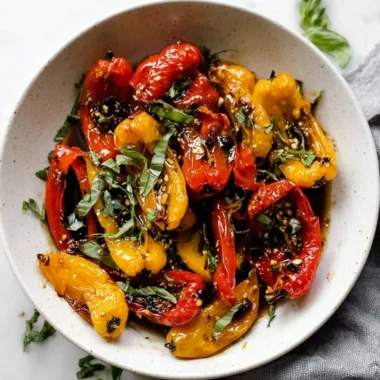 Colorful roasted mini peppers on a serving plate, perfect for appetizers or sides.
