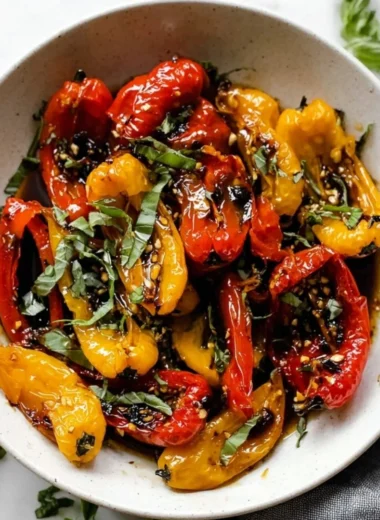 Colorful roasted mini peppers on a serving plate, perfect for appetizers or sides.