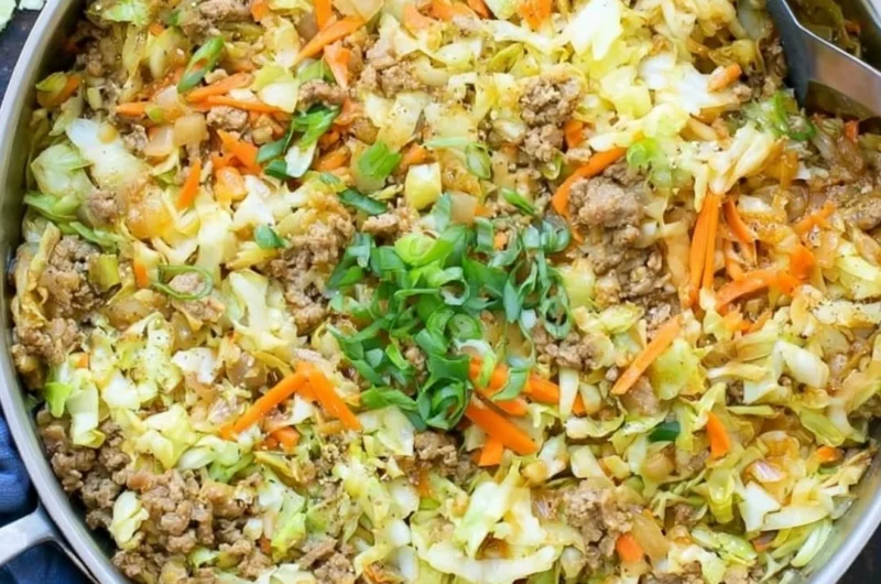 Delicious egg roll in a bowl with colorful vegetables and savory pork.