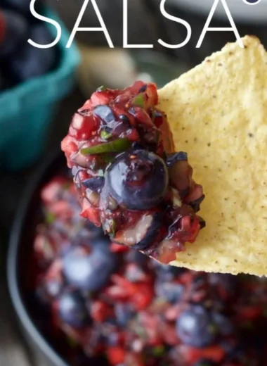 Fresh fruit blender blueberry salsa served in a bowl with colorful ingredients