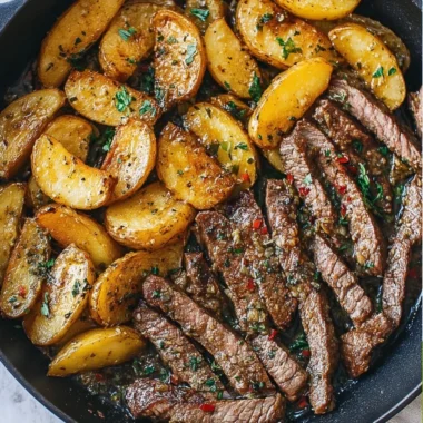 Delicious garlic butter steak with potatoes in a skillet dish