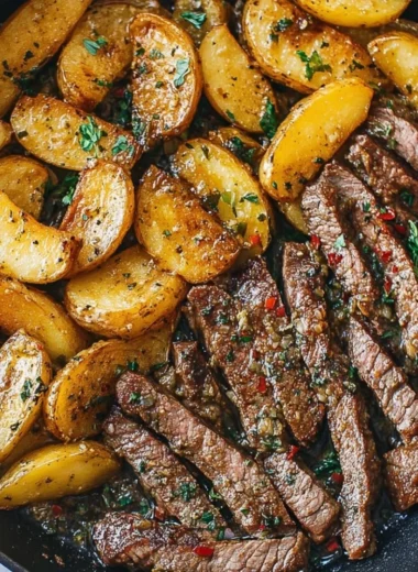 Delicious garlic butter steak with potatoes in a skillet dish