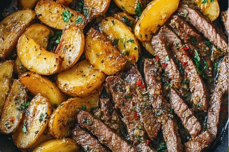 Delicious garlic butter steak with potatoes in a skillet dish