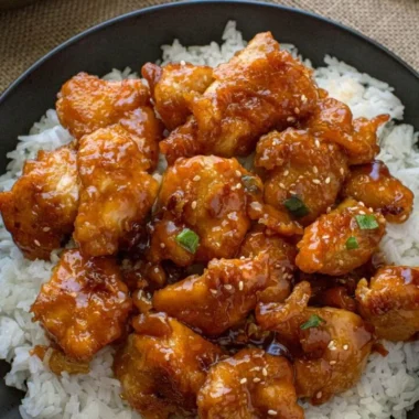 Delicious General Tso's Chicken served with vegetables and rice on a plate.